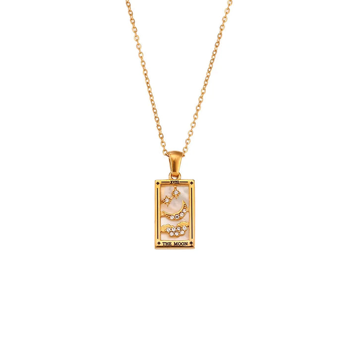 Close-up of a women's gold tarot card necklace, intricate spiritual jewelry design, mystical symbol.