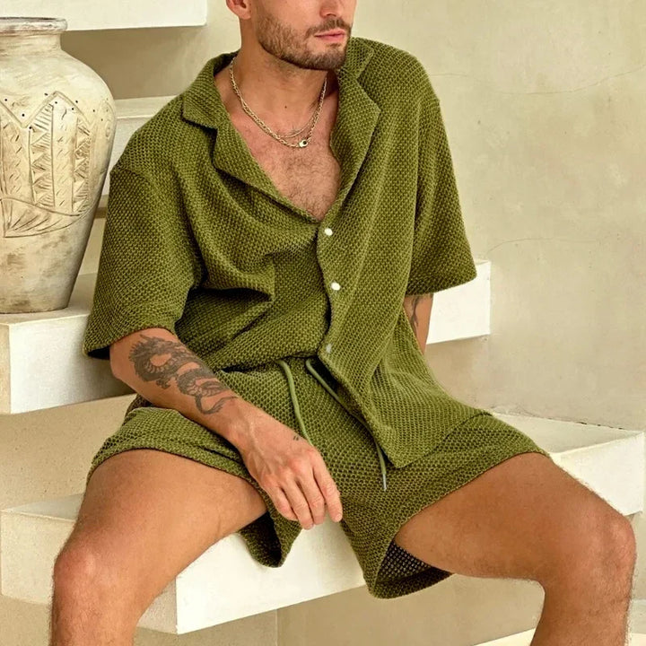 Women's 90s style knit two-piece shorts set. Textured fabric, perfect for summer casual wear.