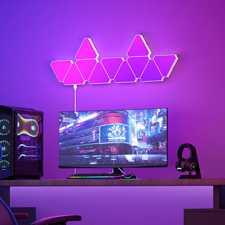 Music sync RGB LED wall lights, enhancing gaming room and home decor.