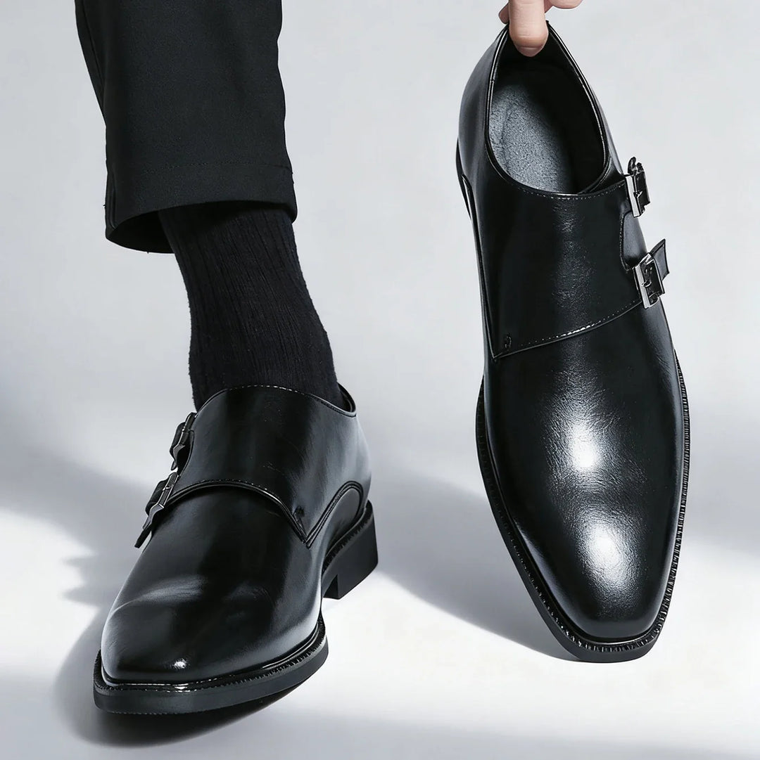Comfortable men's Valmont double buckle loafers, slip-on dress shoes designed for all-day wear.