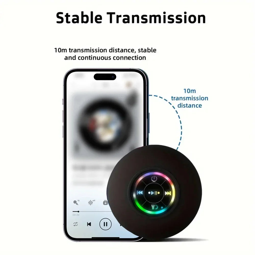 Hands-free Tavvitaimp18 Bluetooth speaker with LED light & suction cup. Rechargeable & water-resistant for travel.