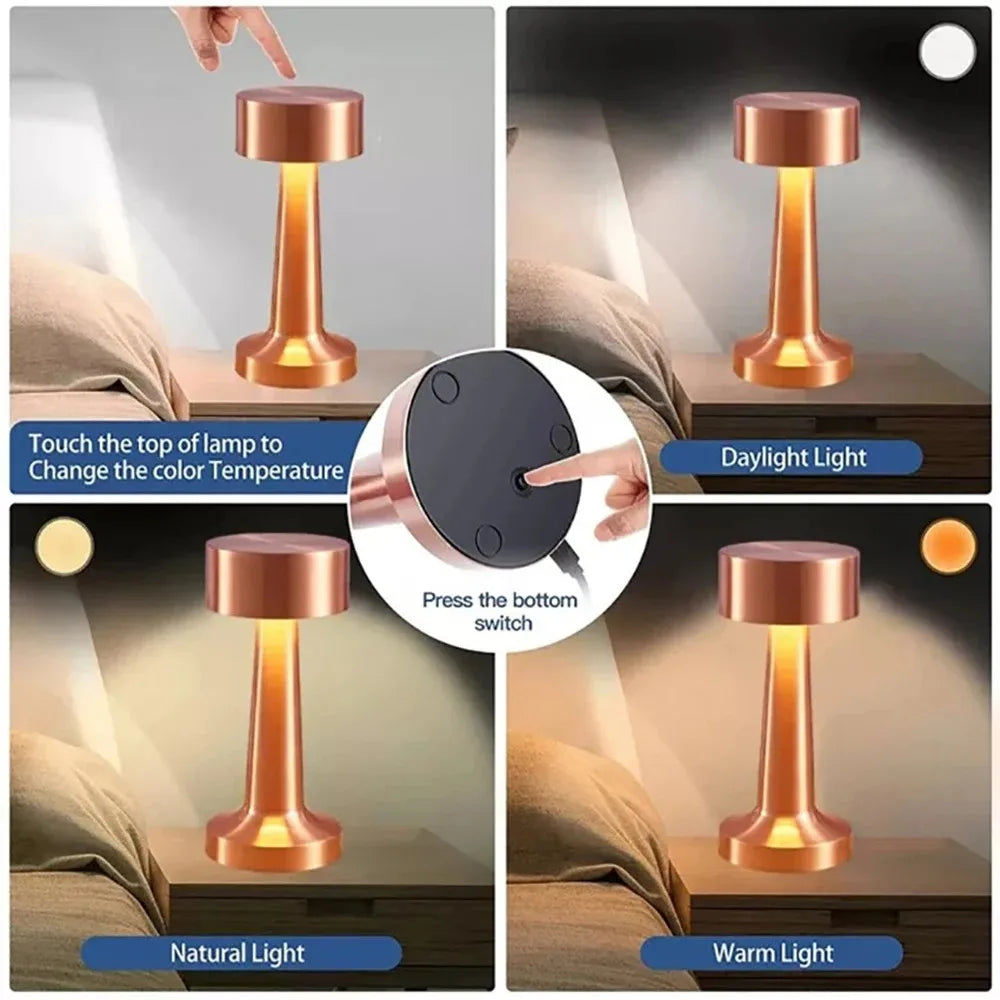 Elegant metallic portable LED touch lamp, provides cordless lighting for any stylish space.