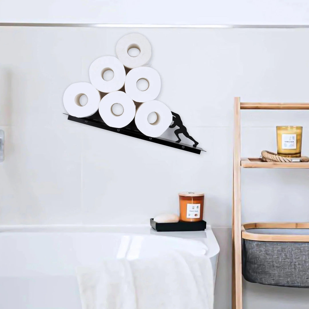 Stylish iron freestanding bathroom storage shelf, ideal for organizing towels & toilet paper. Modern playful bathroom decor.