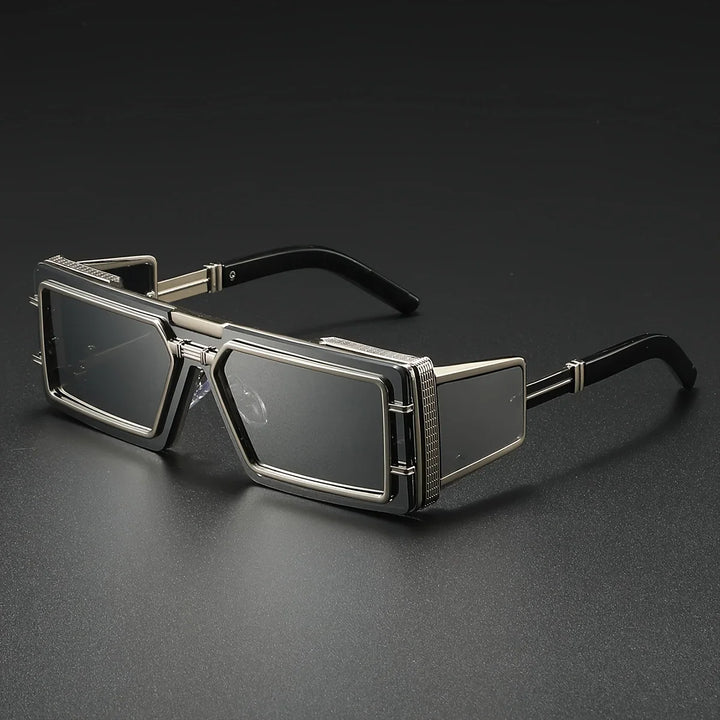 Stylish geometric sunglasses with bold frames and elegant gold detail. Unisex design for eye protection & fashion.