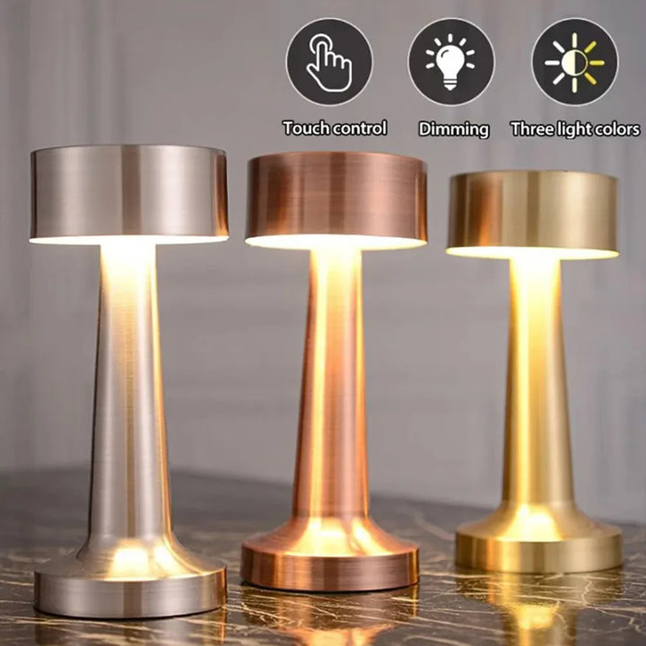 Versatile LED table lamp with touch dimming, rechargeable and ideal for modern living rooms.