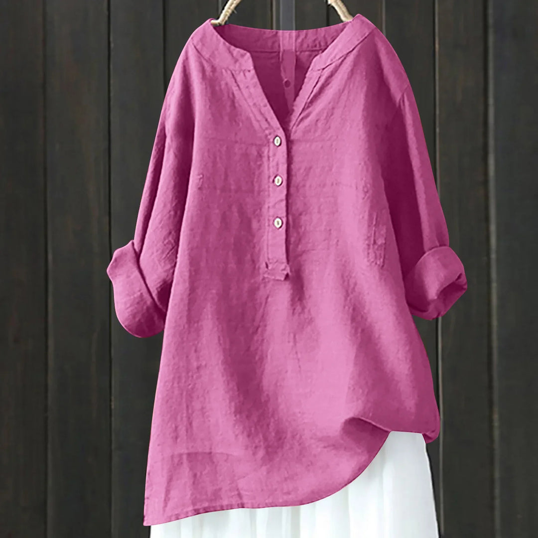 Women's effortless summer button-down shirt, loose fit, v-neck, perfect for casual everyday wear.