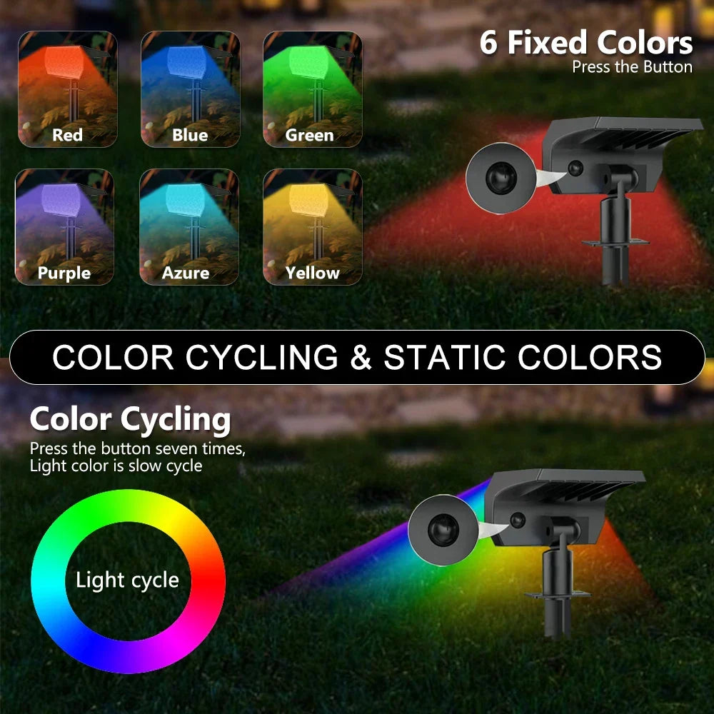 Energy-efficient solar spotlights for vibrant outdoor landscape lighting and lawn decor. RGB color changing.