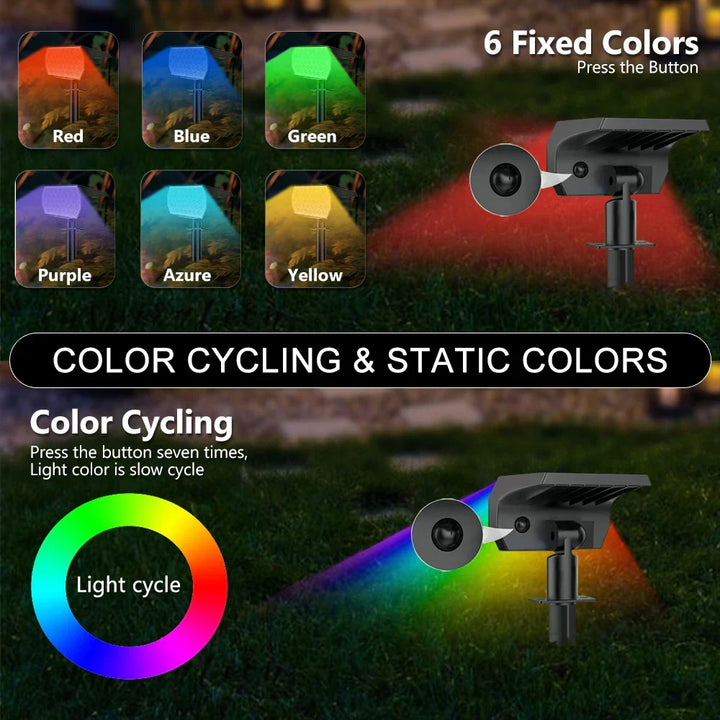Energy-efficient solar spotlights for vibrant outdoor landscape lighting and lawn decor. RGB color changing.