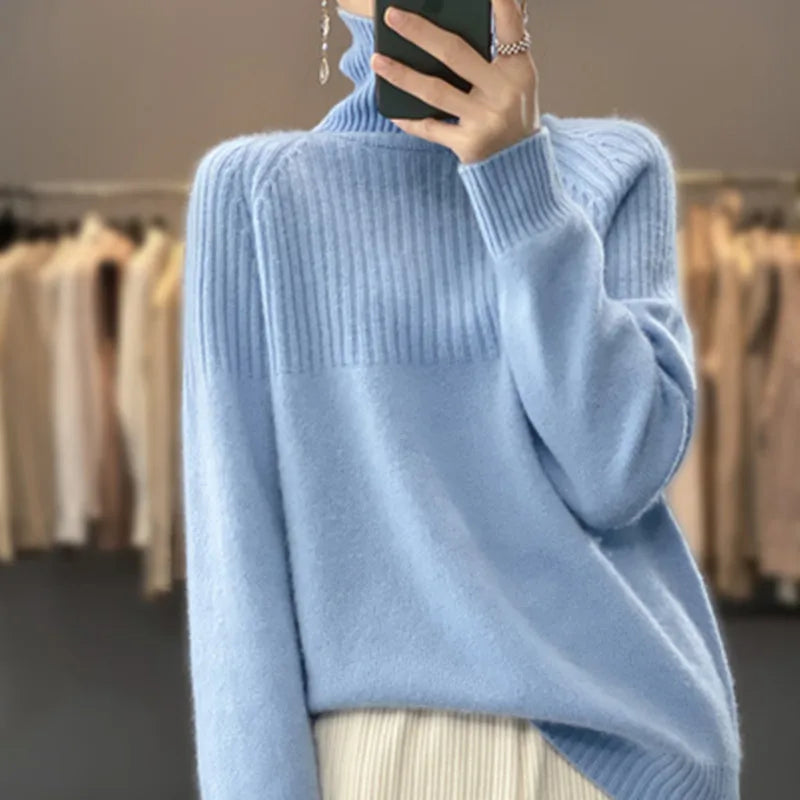 Women's ribbed knit turtleneck sweater in a classic color, perfect for cozy fall & winter fashion.