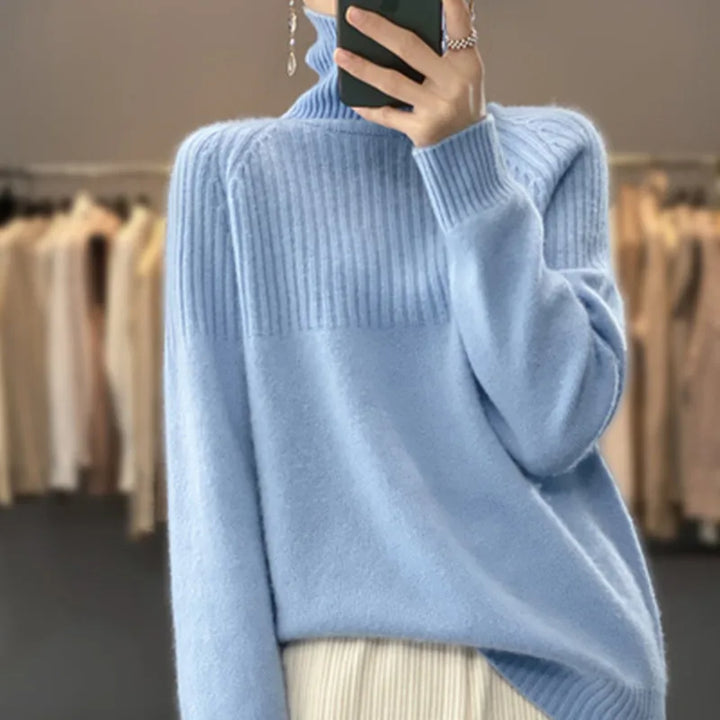Women's ribbed knit turtleneck sweater in a classic color, perfect for cozy fall & winter fashion.