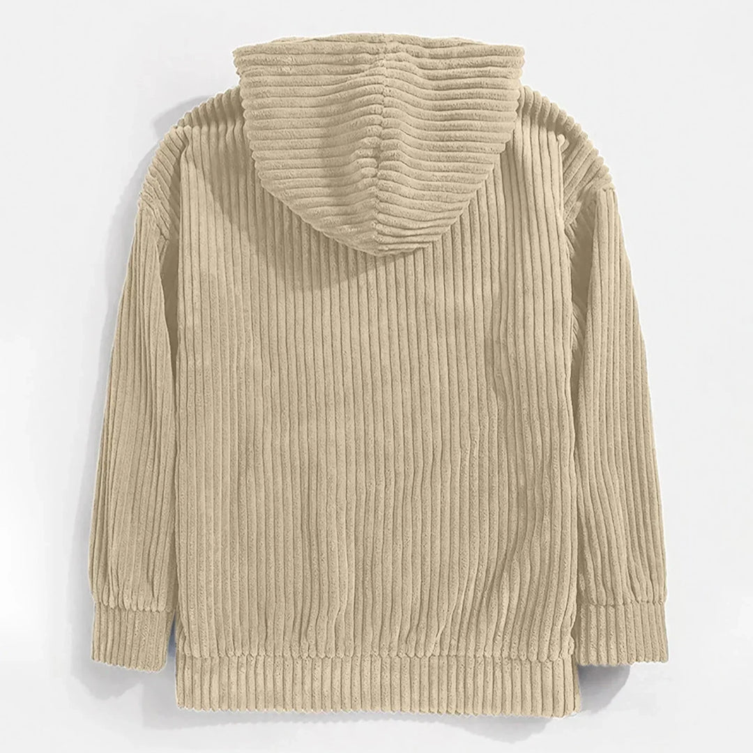 Back view of a men's hooded corduroy pullover. Relaxed fit, comfortable and stylish for everyday fall and winter wear.