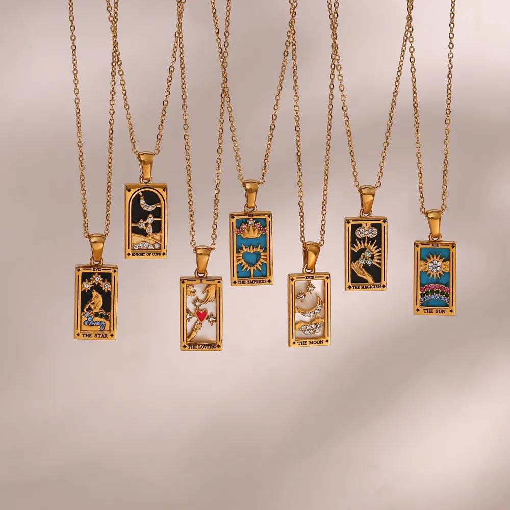 Detailed tarot card pendant necklace for women, symbolic spiritual amulet, mystical divination jewelry.