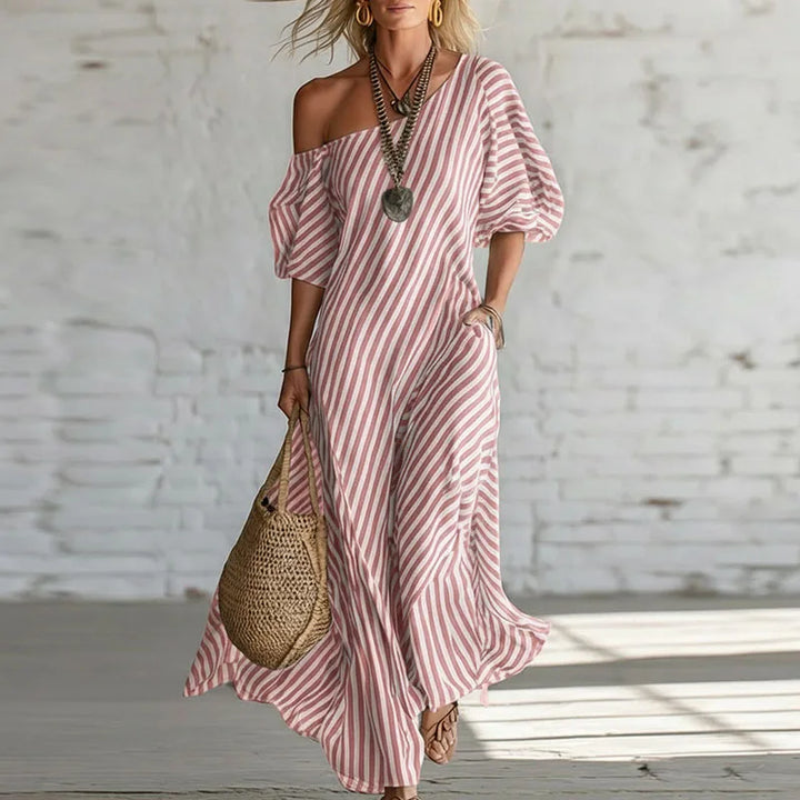 Women's elegant one-shoulder puff sleeve midi dress with stripes, perfect for summer parties & vacation wear.