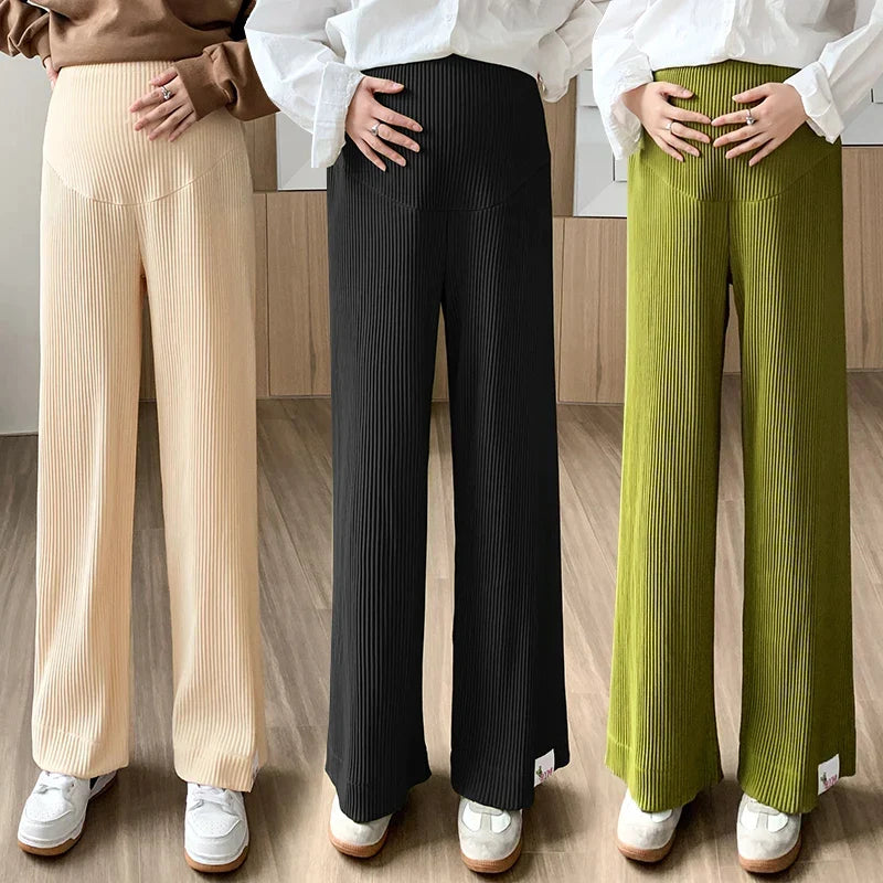Soft ribbed knit maternity pants, designed for stretchy, comfortable wear throughout pregnancy.