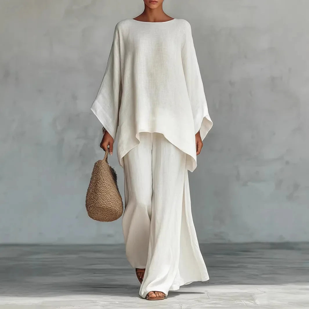 Women's relaxed linen blend two-piece set, perfect for comfortable summer wear and resort outfits.