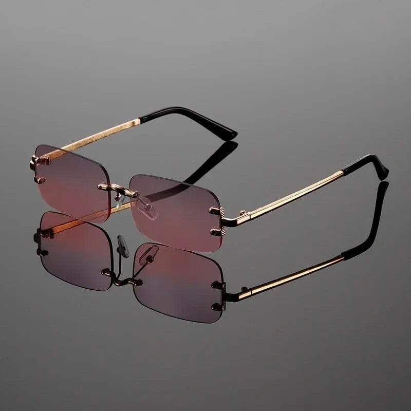 Metallic rimless shades; a modern, lightweight eyewear choice offering anti-glare sun protection for all genders.