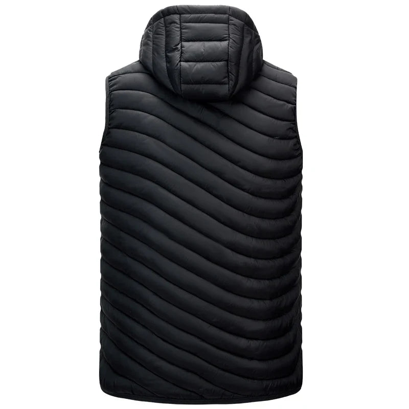 Men's zip-front puffer vest, sleeveless design with a versatile detachable hood for chilly days. (Brown)