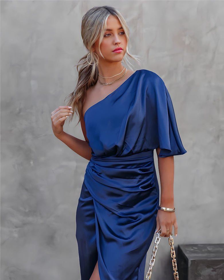 Women's elegant asymmetrical off-shoulder maxi evening dress.