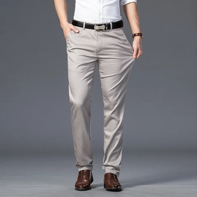Comfortable men's Flextail stretch pants for work or casual, modern fashion, tailored fit trousers.