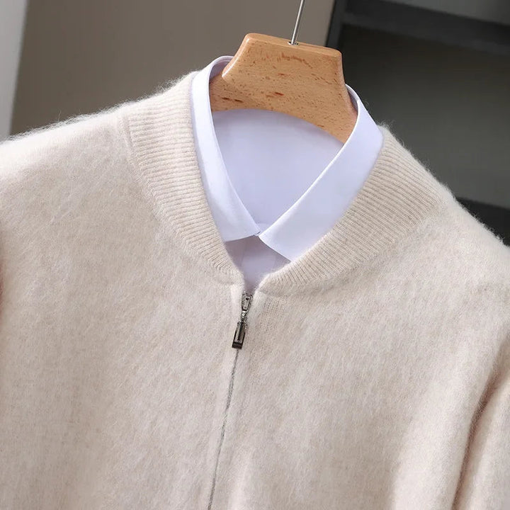Comfortable men's full-zip knit cardigan. Ideal for fall fashion layering and warm winter style.
