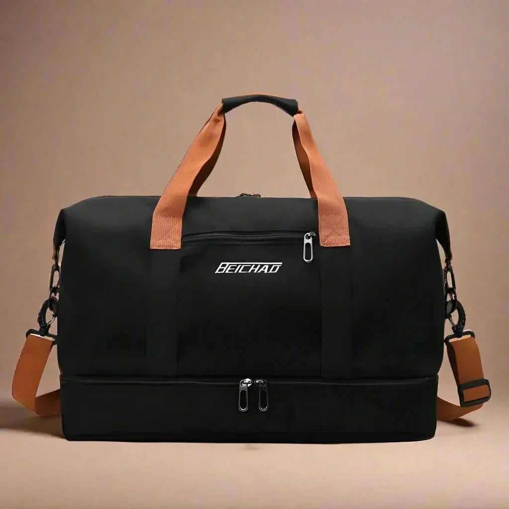 Unisex carry-on duffel bag for fitness, gym, and travel. Includes separate compartments for organized gear.