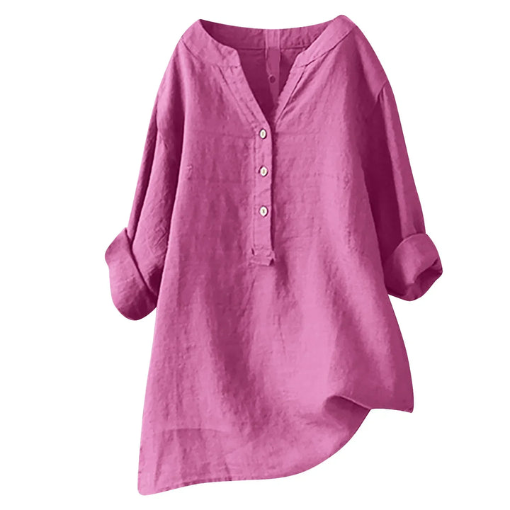 Flowy women's summer blouse, comfortable loose fit, v-neck button-down, ideal for relaxed everyday wear.