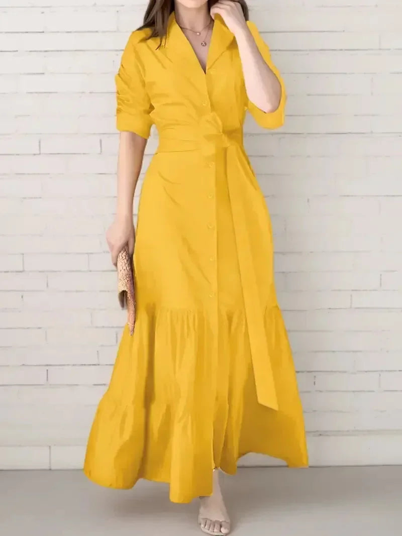 Graceful women's long sleeve tiered shirt dress, a comfortable maxi length with an attractive tie waist design.