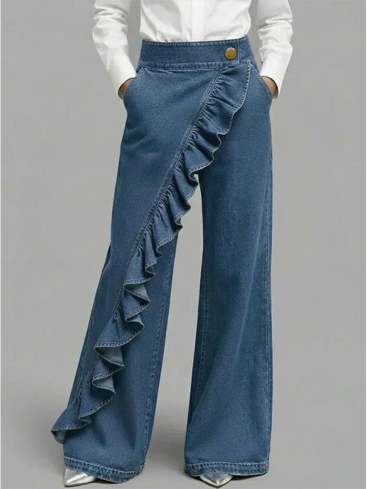Women's high-rise wide leg jeans with stylish ruffle detail. Comfortable, modern casual fashion for women.