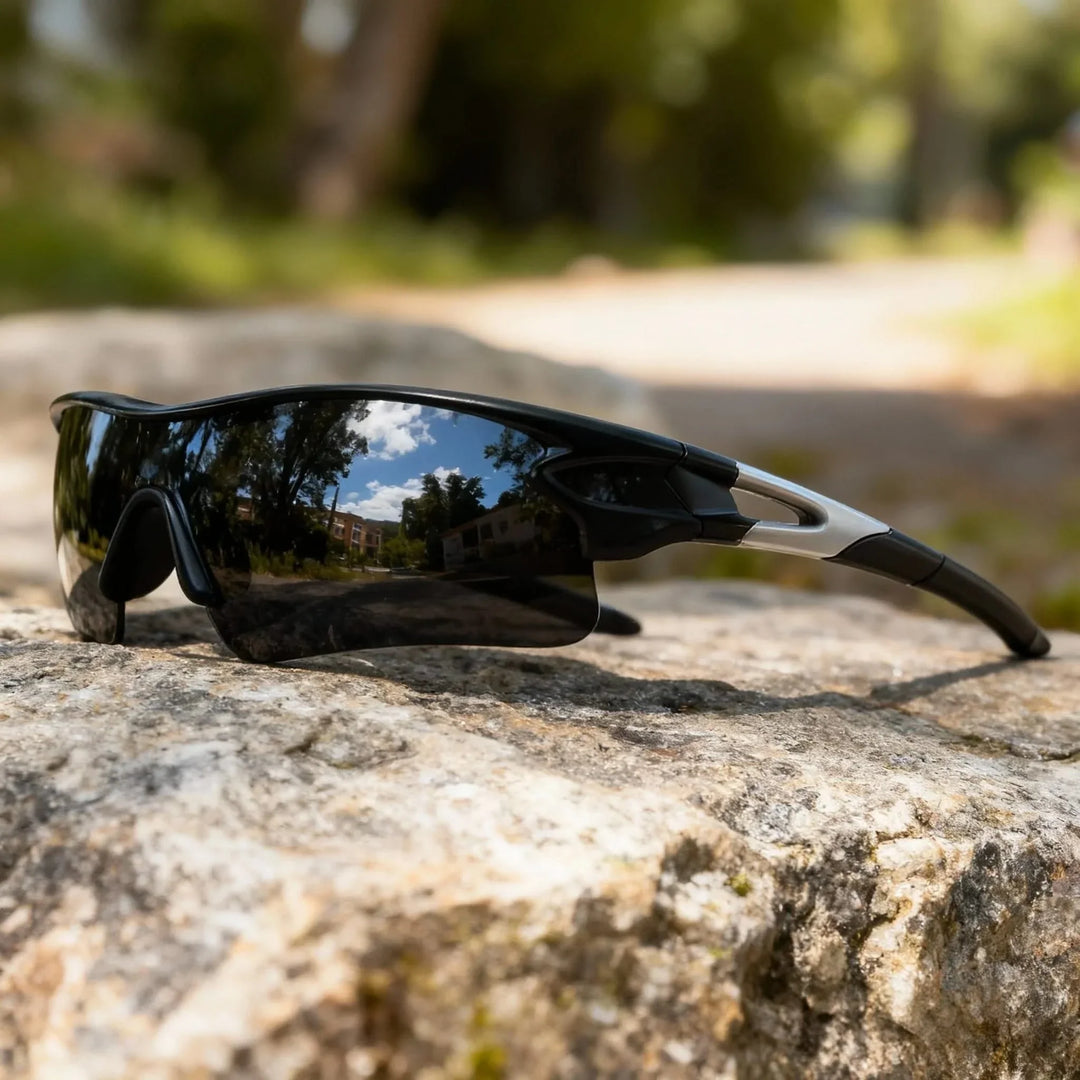 Red men's performance eyewear. Lightweight sport sunglasses with anti-glare for enhanced outdoor activities.