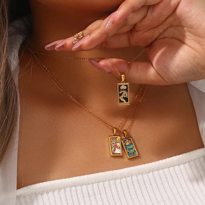 Elegant women's tarot card necklace, a beautiful piece of spiritual and mystical jewelry.