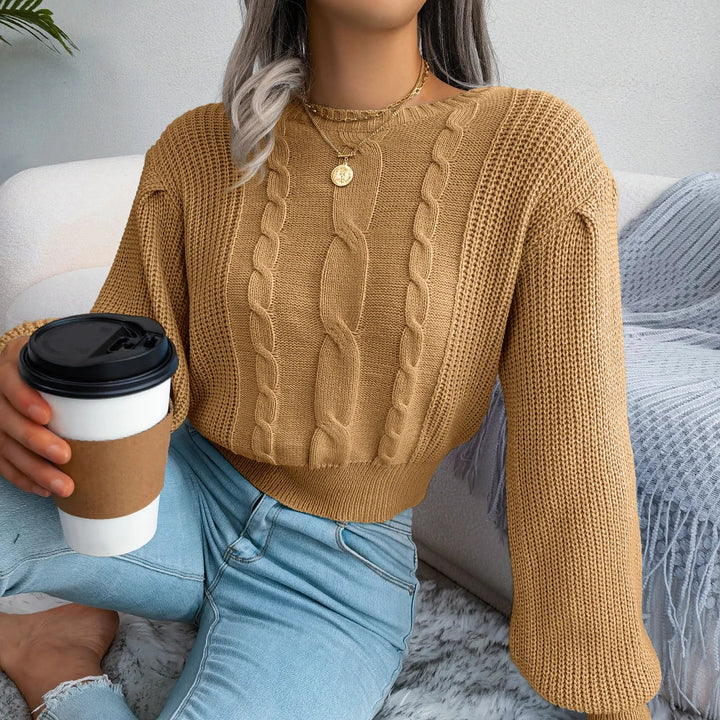 Khaki cable knit sweater for women, featuring a relaxed fit & super cozy feel, perfect for casual autumn style.