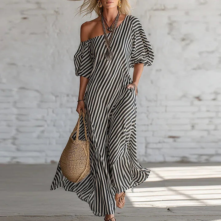 Elegant women's striped one-shoulder puff sleeve midi dress, designed for a flattering fit & summer style.