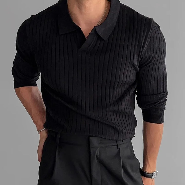 Elegant women's long sleeve polo shirt with a V-neck design, featuring soft ribbed knit fabric.