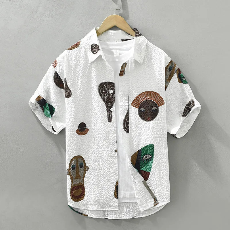 Men's short sleeve shirt, unique Oruka abstract tribal art design. Cubist style, expressive casual wear.