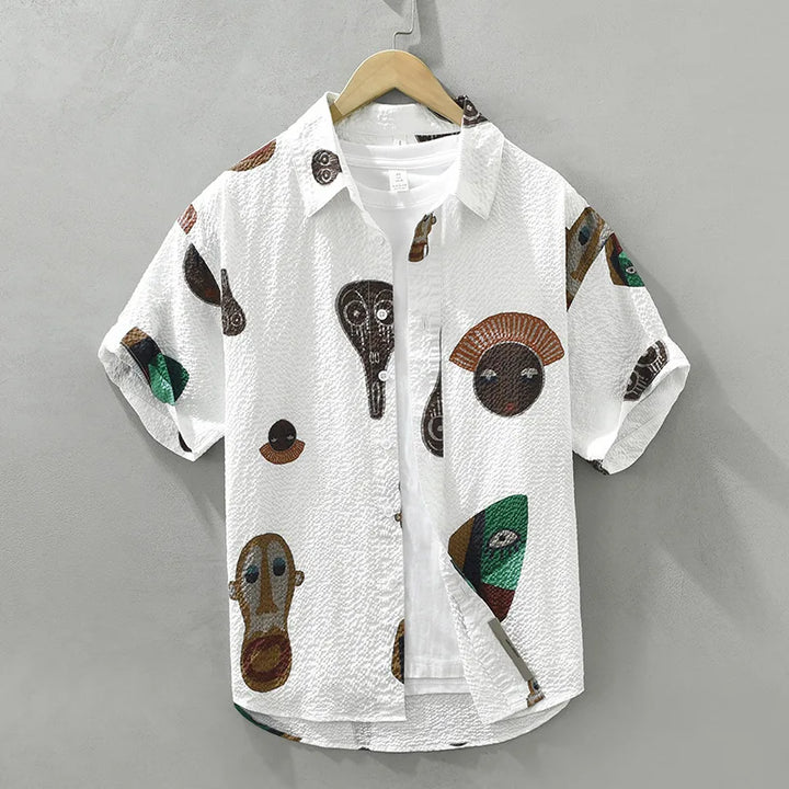 Men's short sleeve shirt, unique Oruka abstract tribal art design. Cubist style, expressive casual wear.