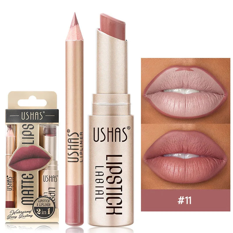 Innovative women's 2-in-1 matte lipstick & lip liner. Smudge-proof, waterproof, lasting lip color.