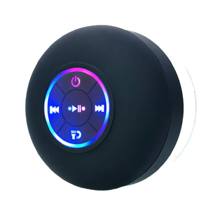 Black portable Bluetooth speaker with LED lights and strong suction cup. Water-resistant for shower & outdoor.