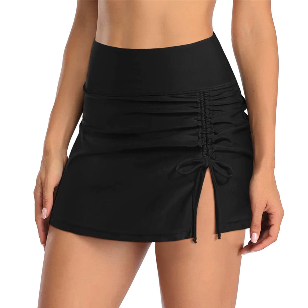 Modest women's high-waist ruched swim skirt, great for summer beachwear & pool days.