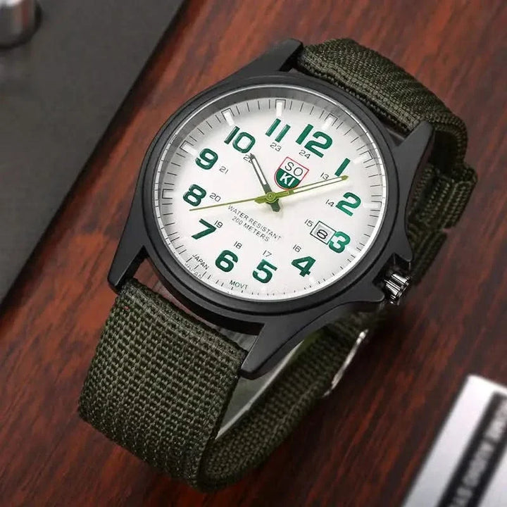 Green Vanguard adventure watch, a rugged & waterproof sport timepiece for outdoor enthusiasts & daily wear.