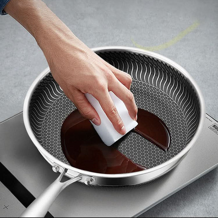 High-quality stainless steel frying pan, perfect for home chefs seeking even heat distribution and professional results.