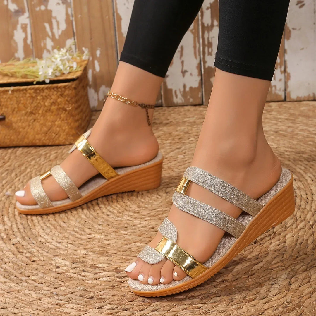 Metallic strappy evening sandals for women, offering glamorous footwear.
