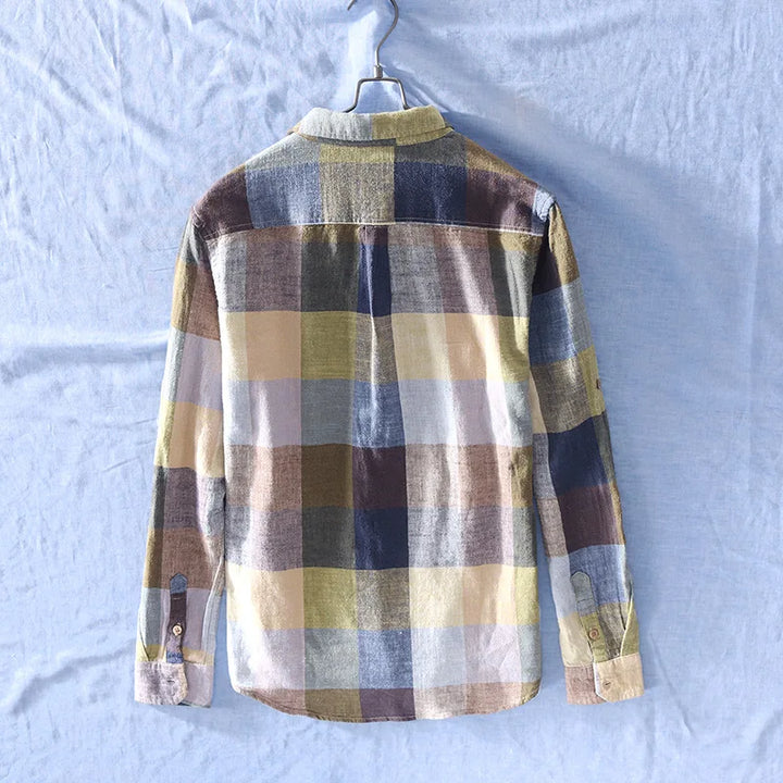 Stylish men's checkered cotton-linen button-up shirt, relaxed fit, ideal for breathable summer fashion and casual wear.