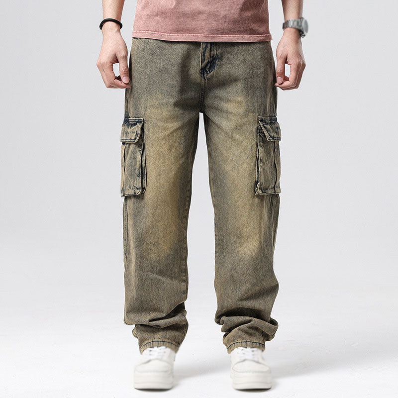 Back view of men's comfortable blue cargo jeans, relaxed fit, showcasing back pockets & durable denim.