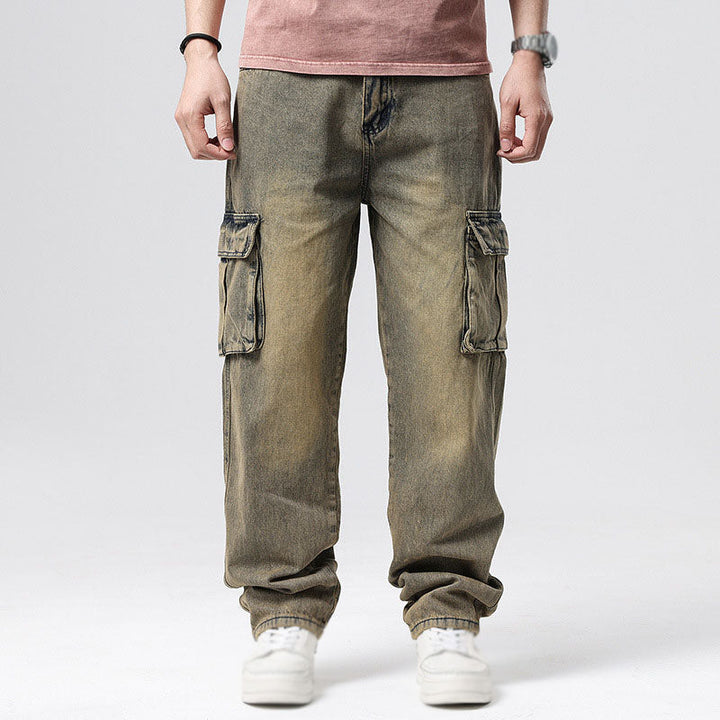 Back view of men's comfortable blue cargo jeans, relaxed fit, showcasing back pockets & durable denim.