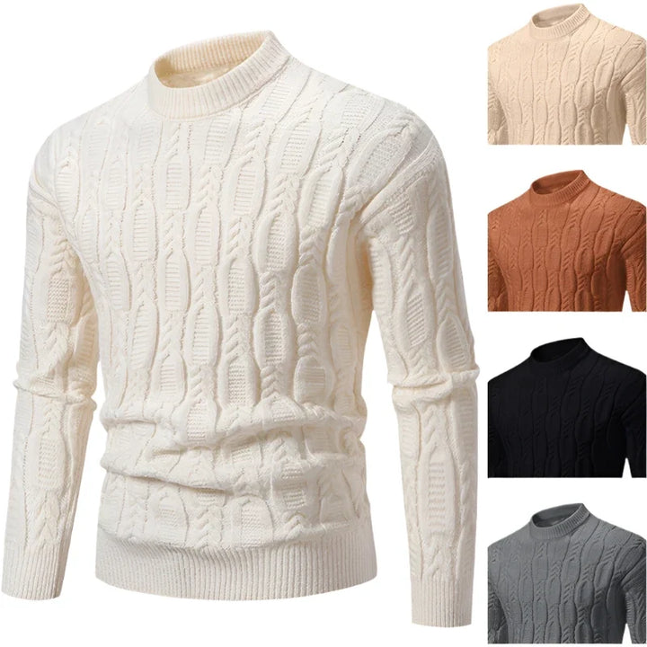 Stylish men's cable-knit sweater on display, showcasing classic heritage fashion knitwear, ideal for fall & winter.