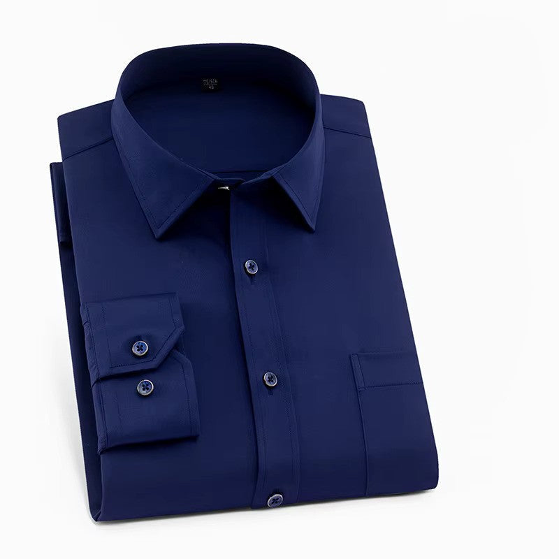 Stylish man wearing a long-sleeve smart casual button-down shirt, perfect for versatile office or casual looks.