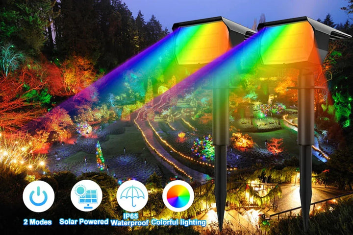 Energy-efficient solar spotlights creating vibrant and colorful outdoor lighting for gardens & patios.