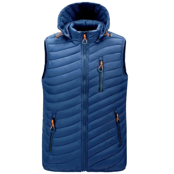 Stylish men's sleeveless puffer vest, great for layered looks; includes a convenient detachable hood. (Green)