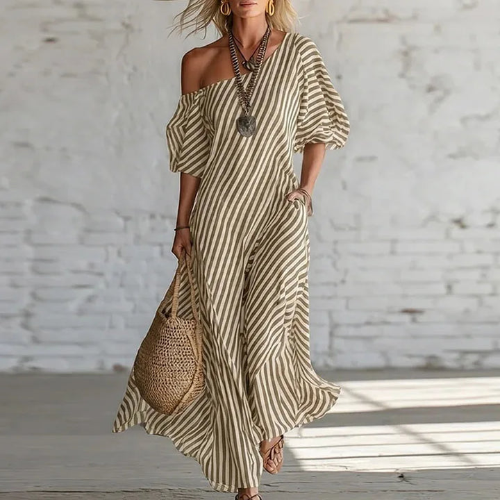 Women's vacation-ready striped one-shoulder puff sleeve midi dress, a comfortable and fashionable party option.