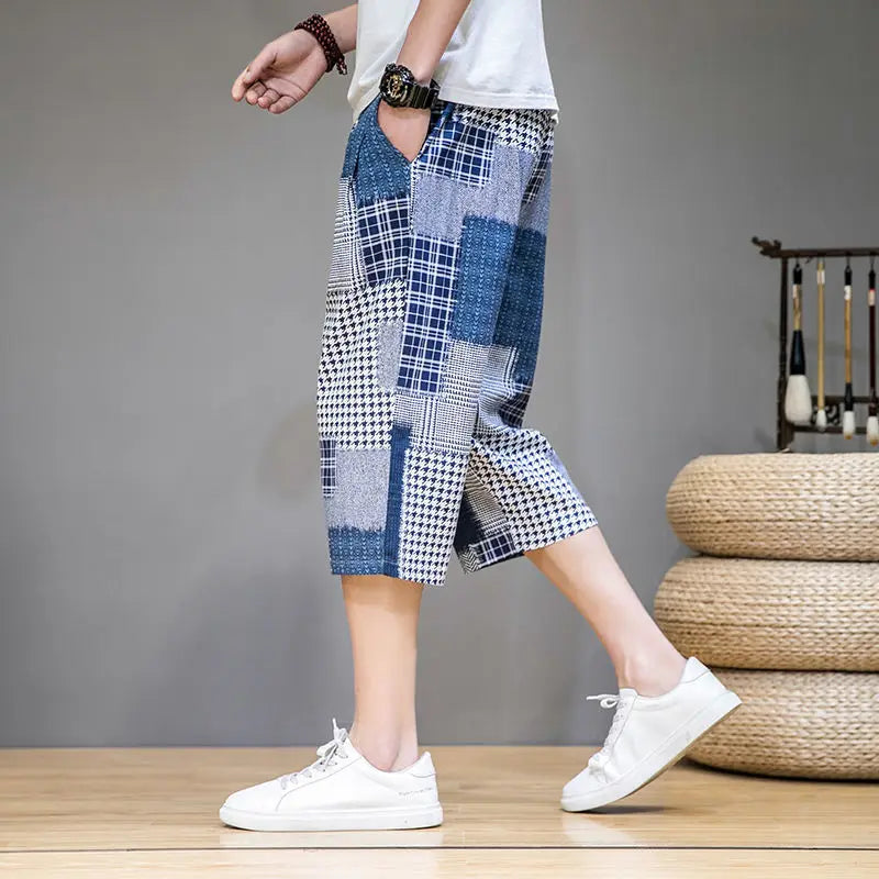 Men's unique patch capris shorts, perfect for bold streetwear, summer style, and stand-out casual fashion.
